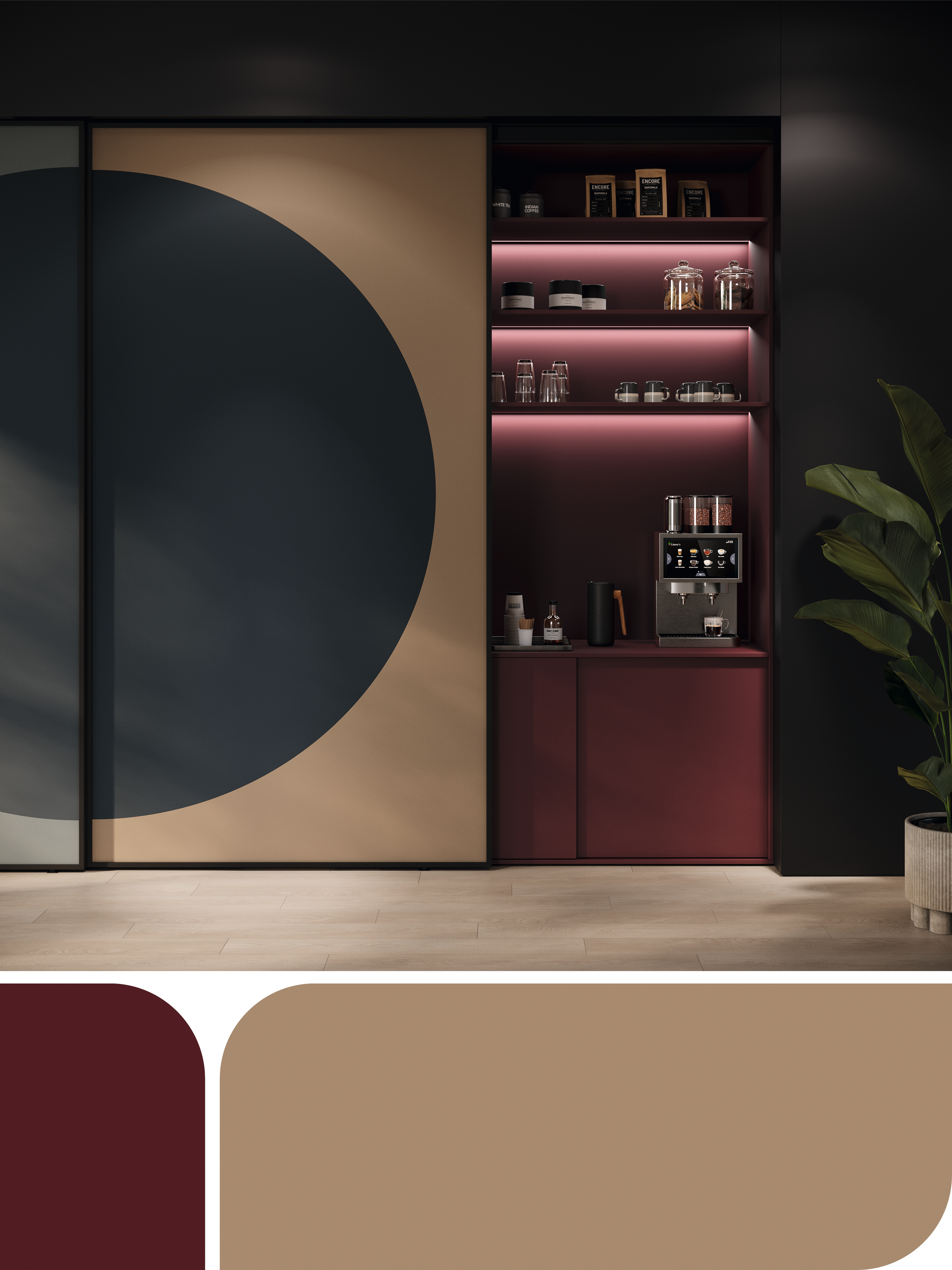 Coffee corner with the following decors: U399 PM/TM, U250 PM, U590 PM