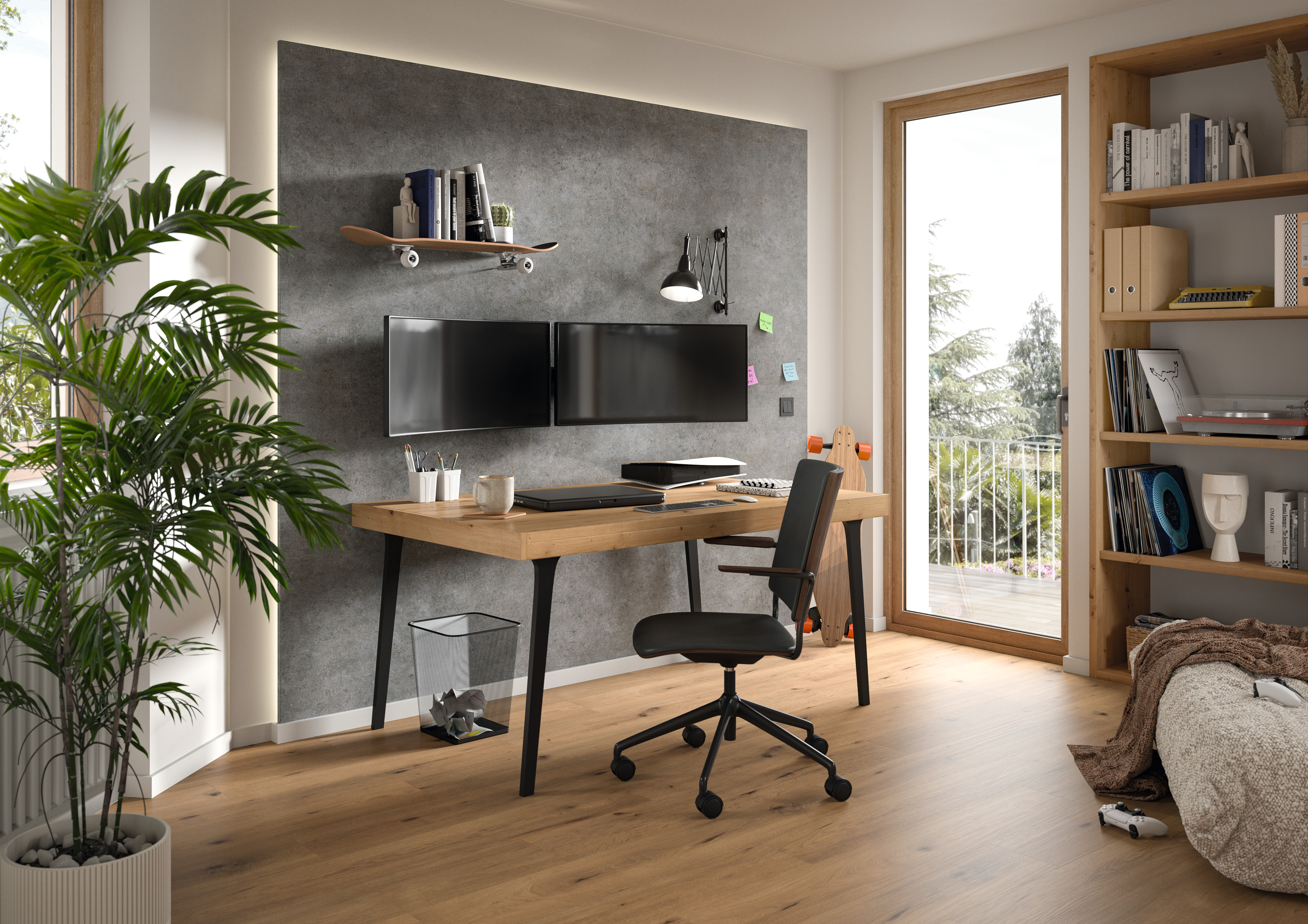 The EGGER DecoWall is the optimal basis for installing heavy monitors in your home office. DO003
