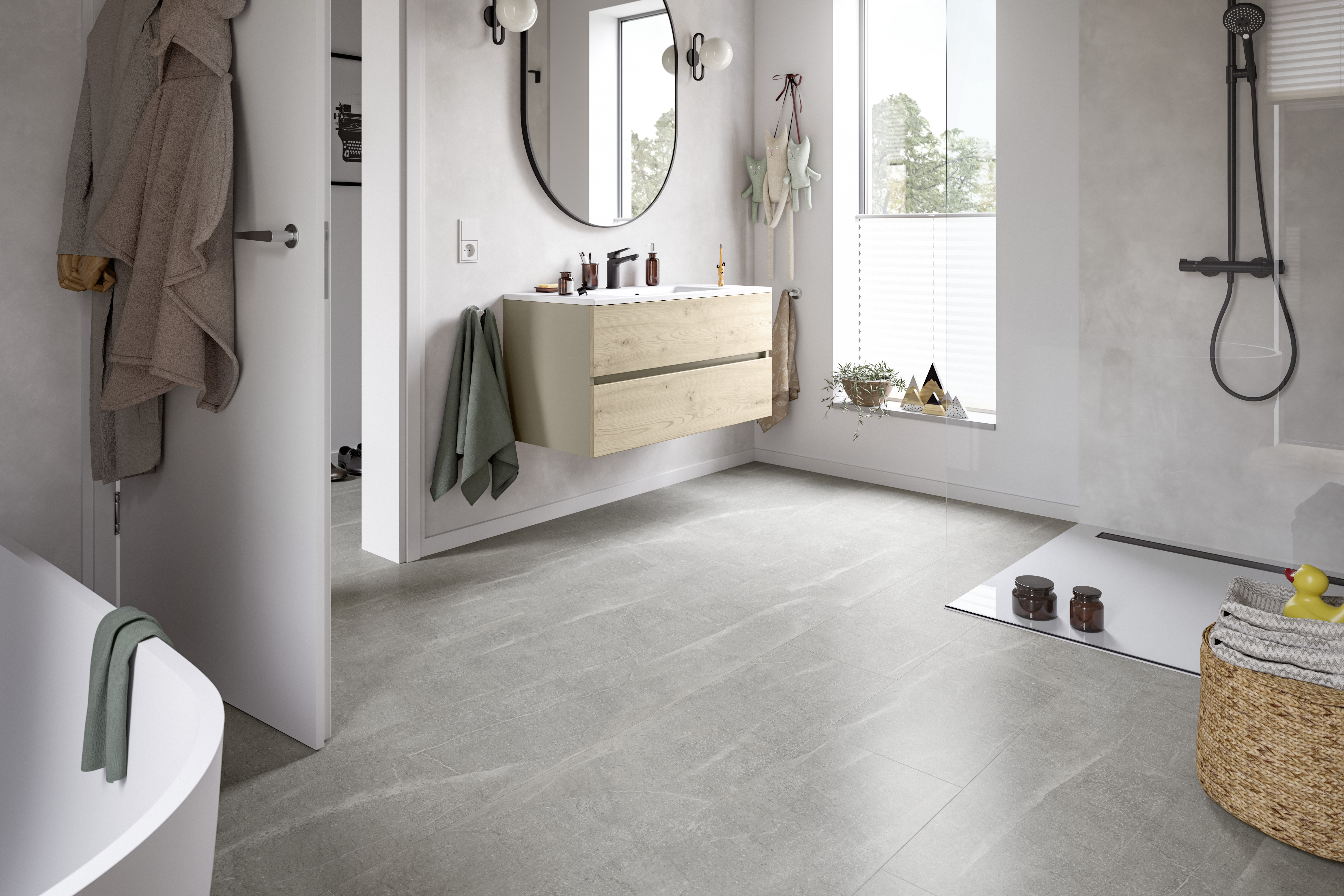 NatureSense Aqua+ Светлосив Кандела Мрамор - модерна, водоустойчива настилка с мраморен вид за баня