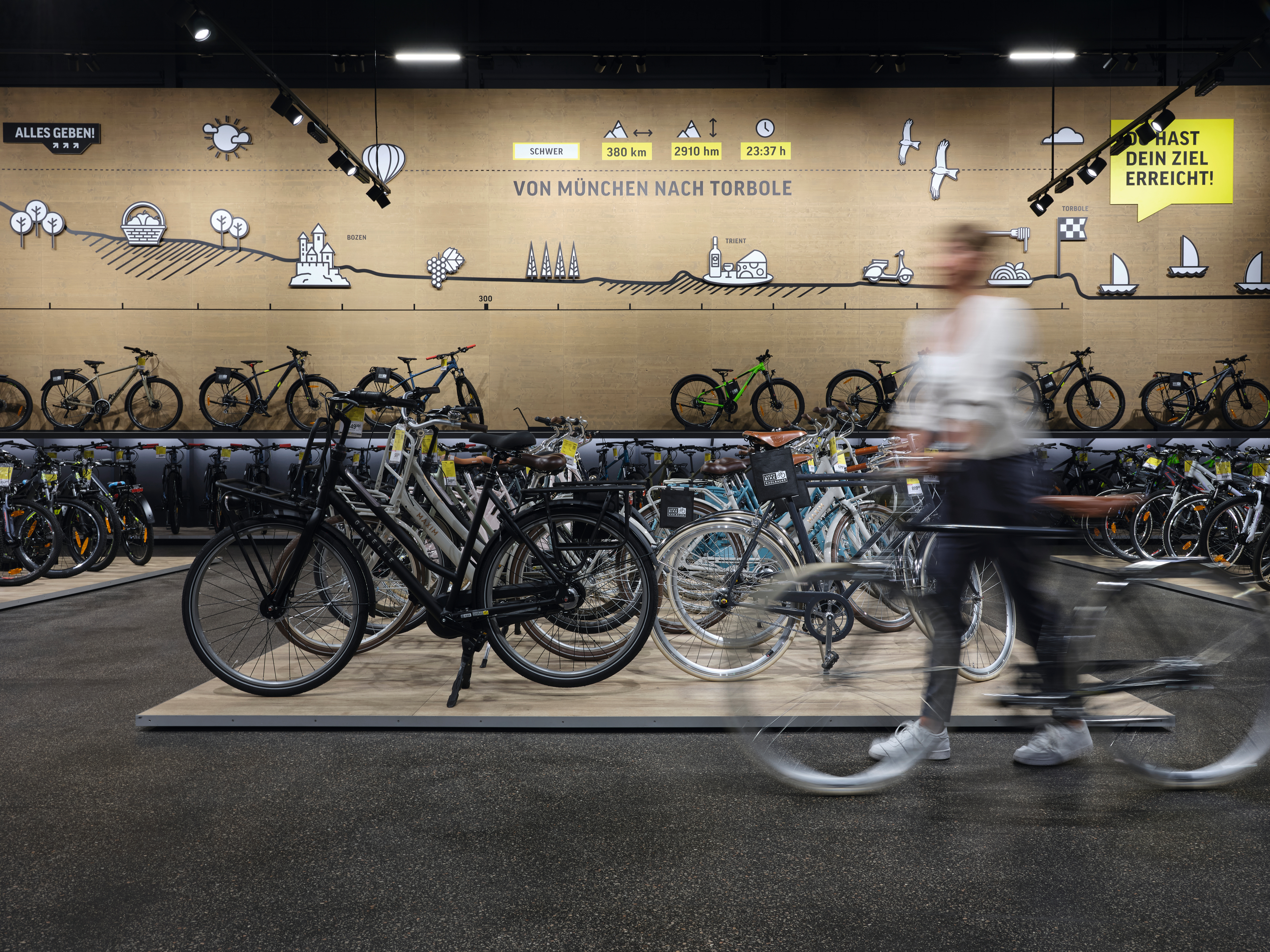 El suelo Design GreenTec Roble Monfort natural sirve de pedestal para las bicicletas en la tienda de bicicletas