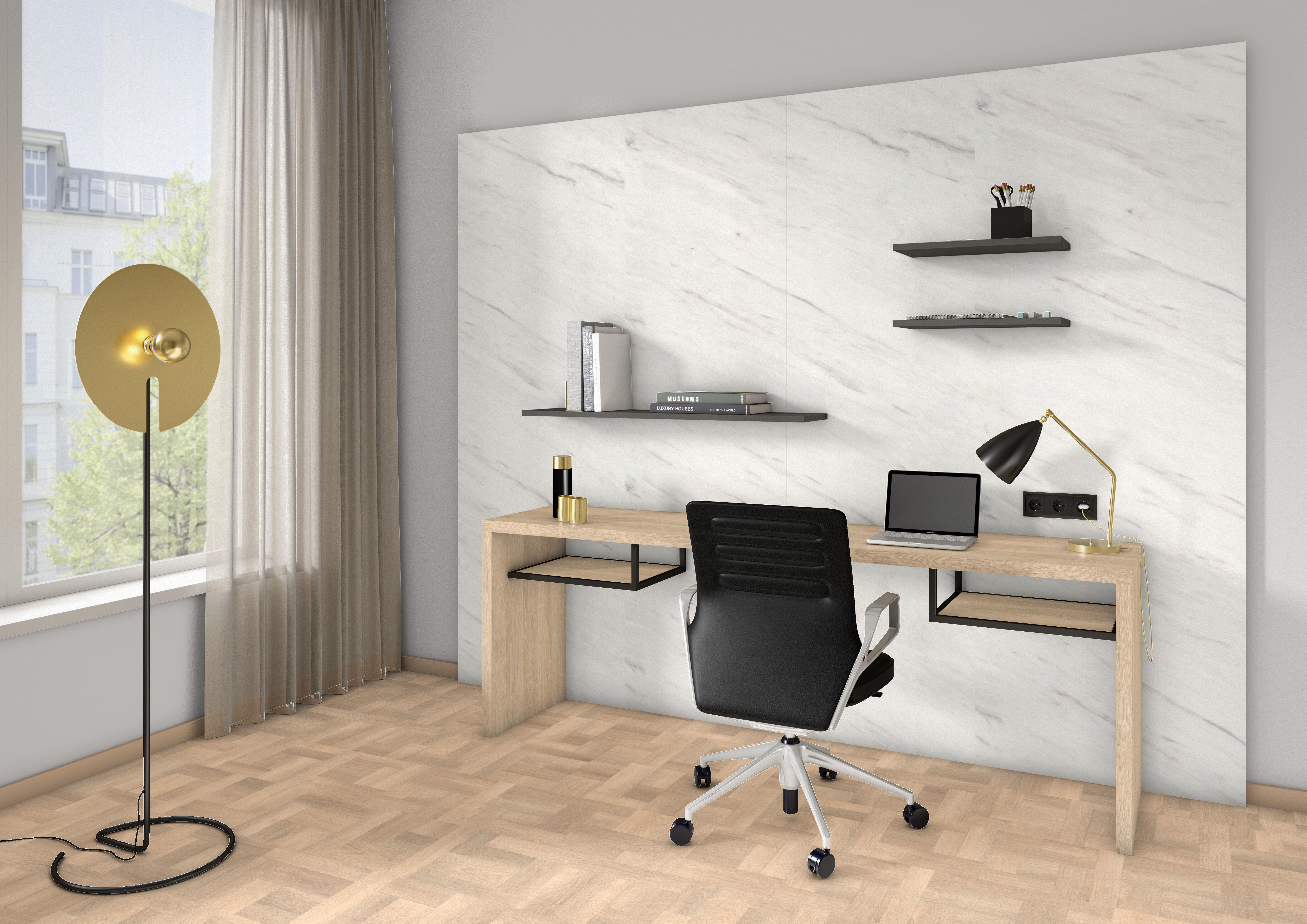 Kancelář s využitím dekorů H3309 ST28 Dub Gladstone pískový a F812 ST9 Mramor Levanto bílý