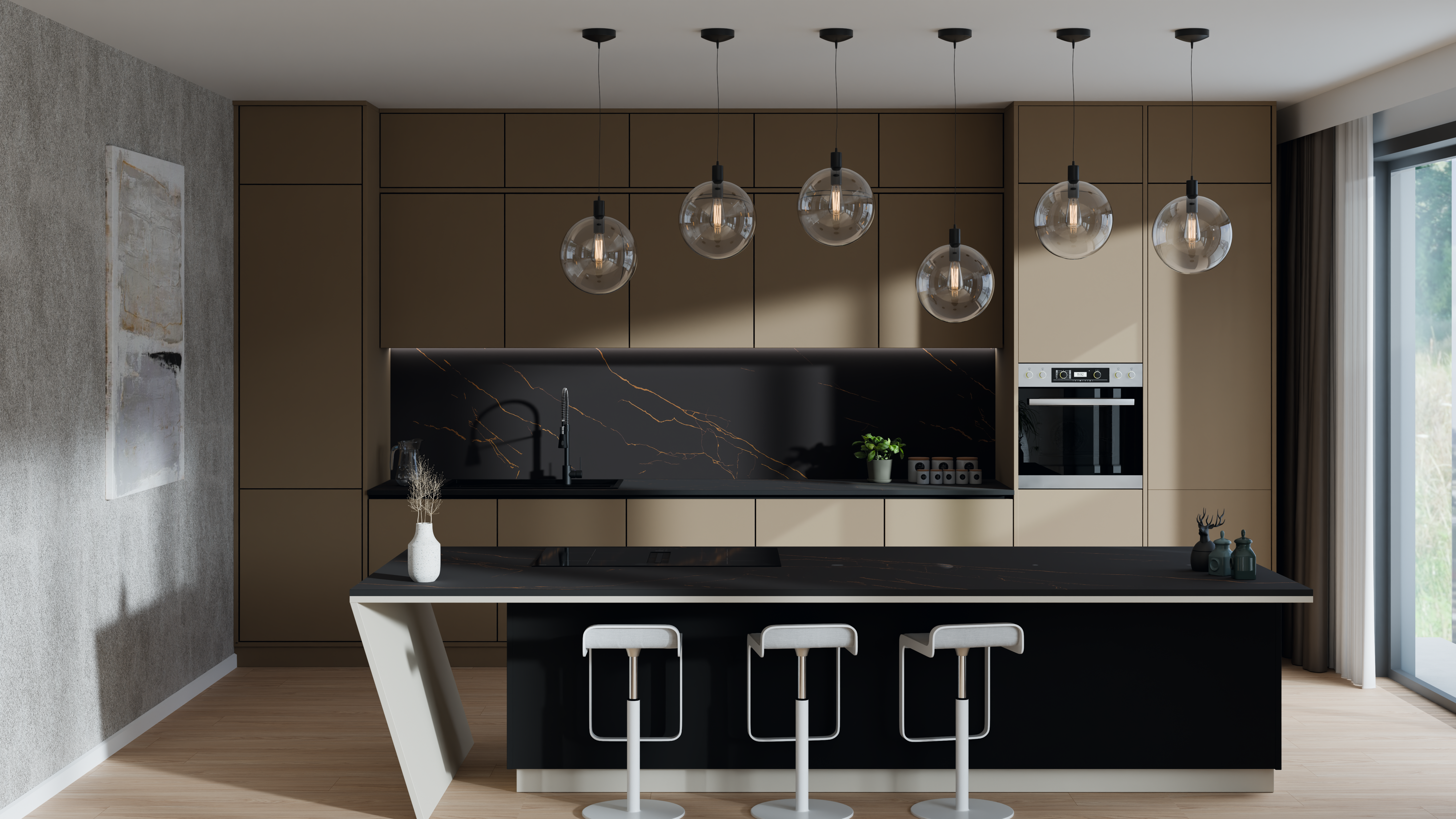 Cafeteria with bar tables consisting of lacquered surfaces 