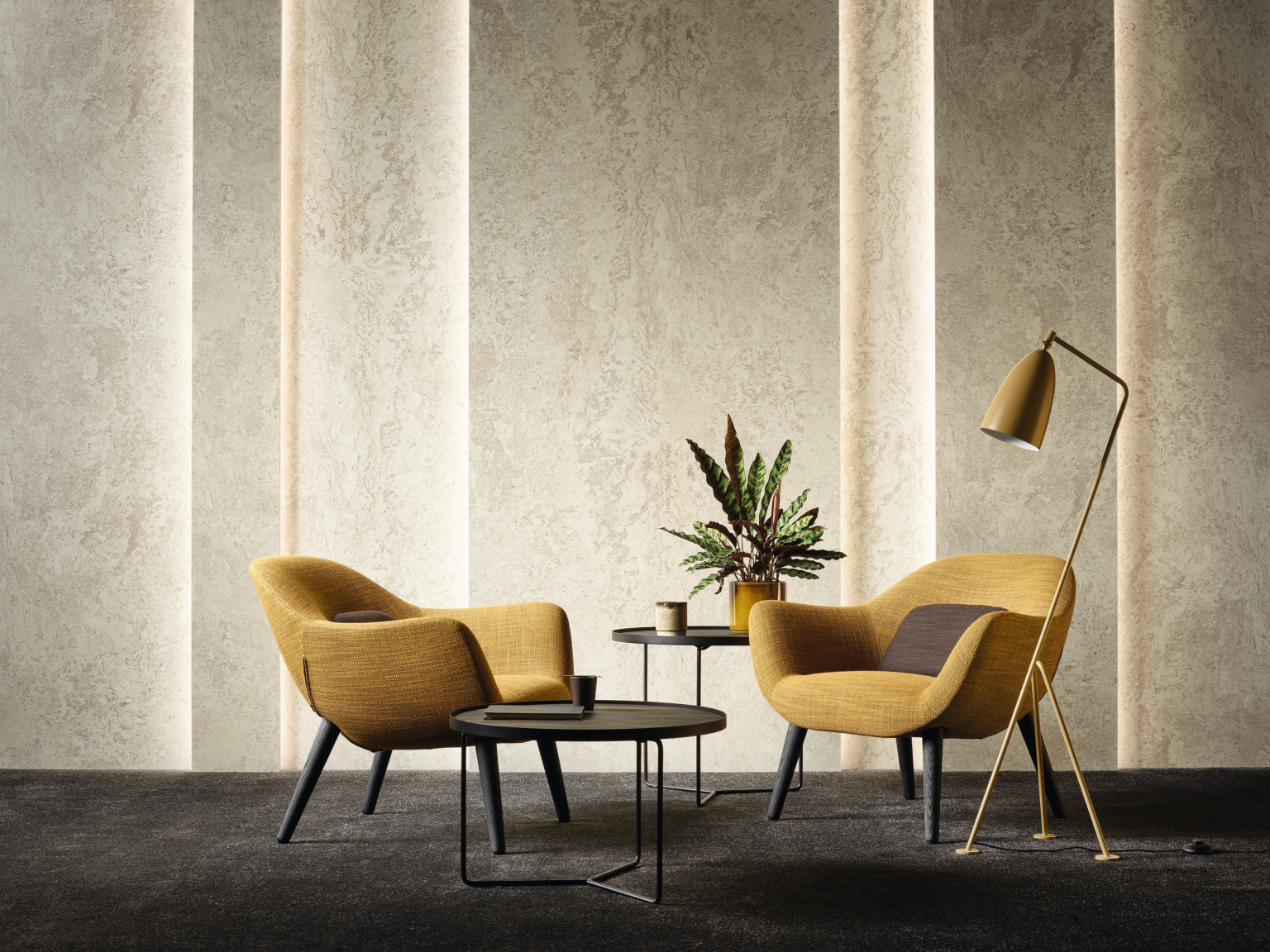 Piano del tavolo con decoro PerfectSense Ambiance F128 PA e rivestimento a parete con decori PerfectSense Matt U590 PM/TM e U604 PM/TM.
