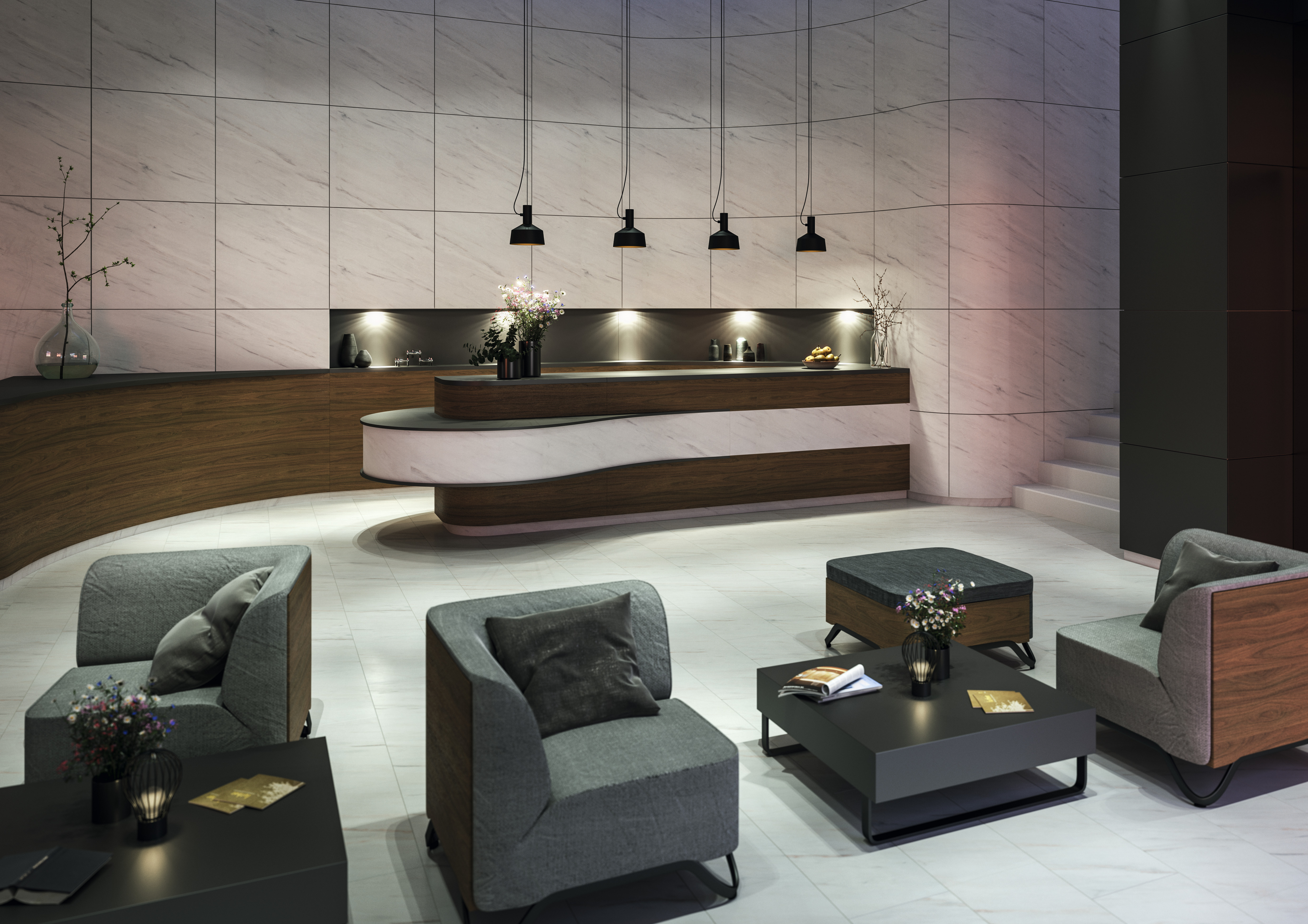 Decor Match hotel lobby: White Levanto Marble. Reception front and rear wall: Laminate | Flooring: Laminate Flooring Aqua+
